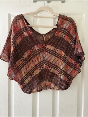 Free People Multicolor Open-Knit V-Neck Sweater in Brown and Rust Tones